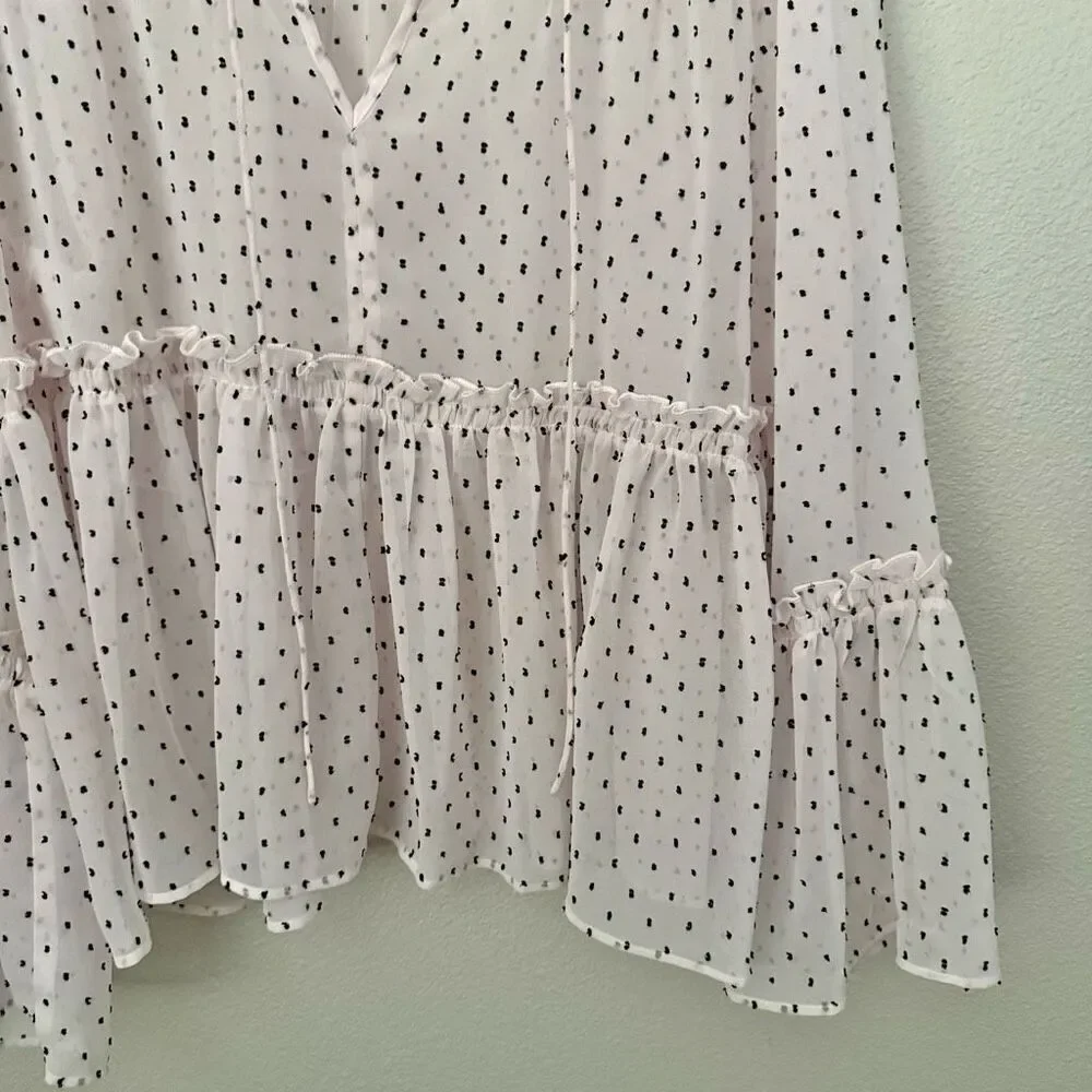 LIBBY EDELMAN | Sheer Ruffle Sleeve Blouse Polka Dot Blush Pink Black | Size XL - Picture 4 of 6